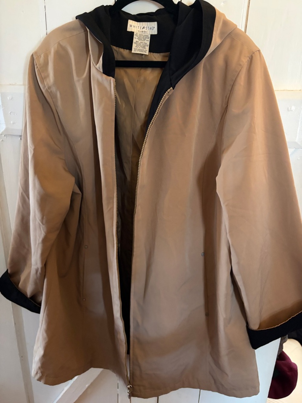 White Stag Two-Tone Hooded Trench Coat - Tan with Black Trim